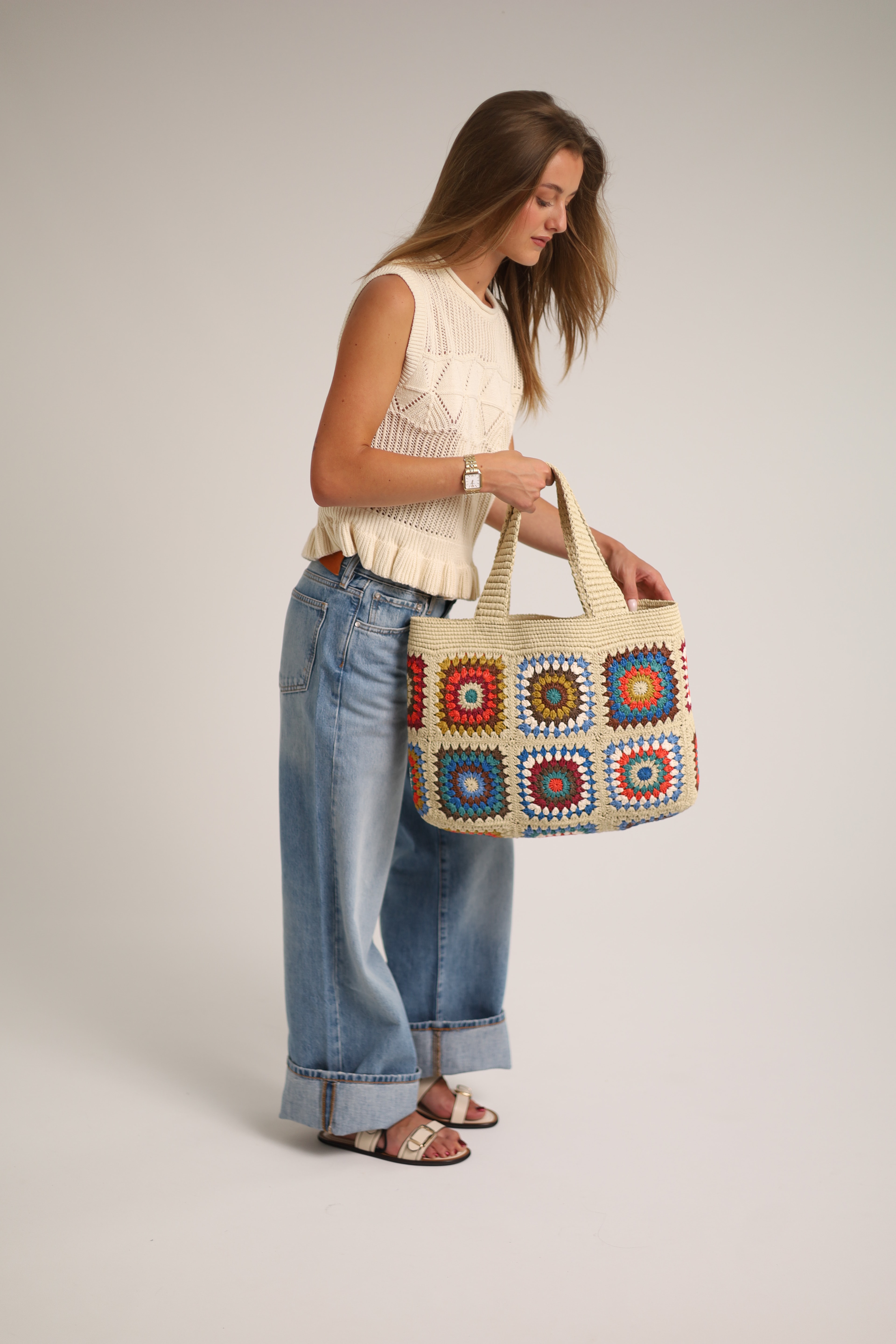 Adarina, sac en raphia viscose, Beige clair, Multicouleur — porté
