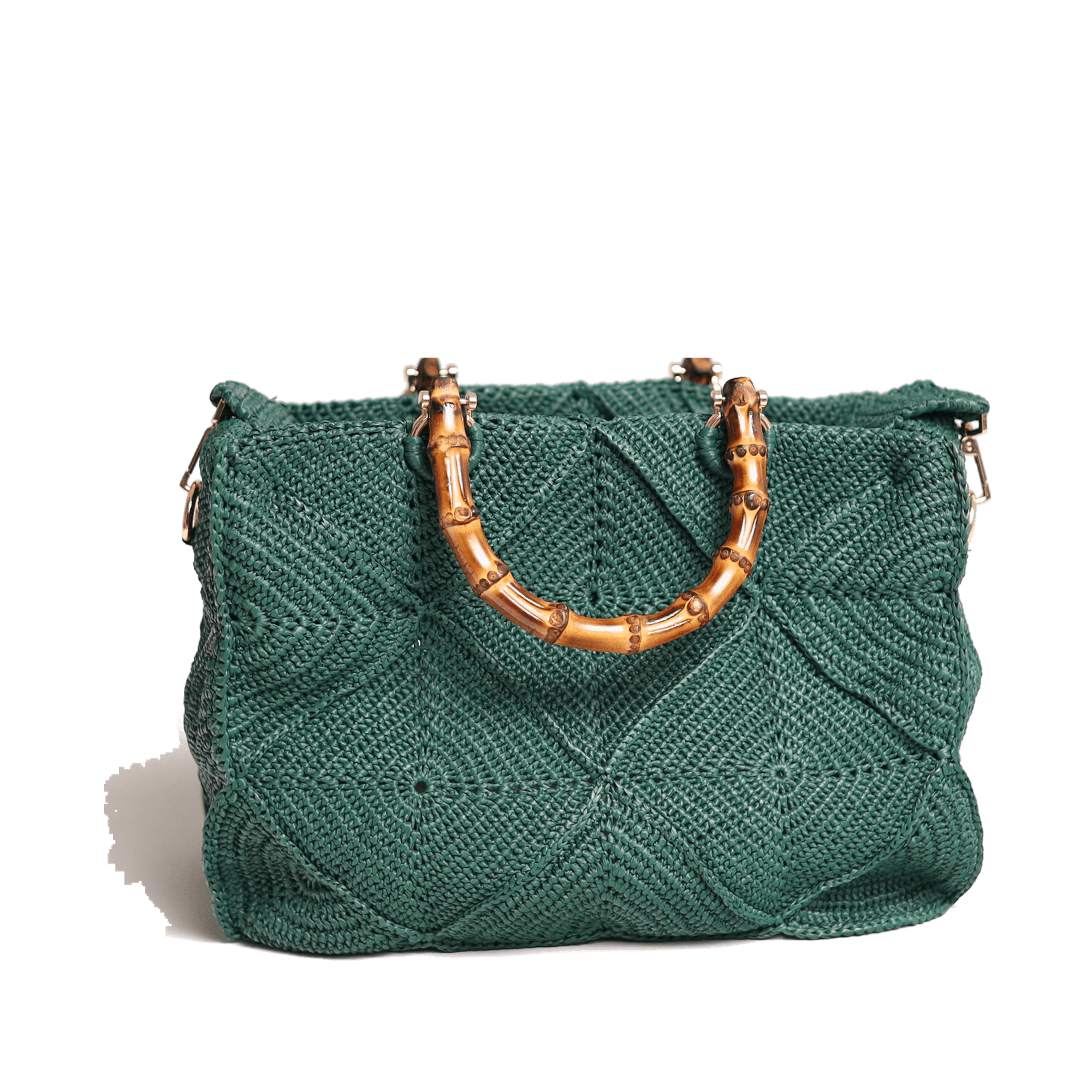 Inara, sac en bambou, cuir de veau, métal et raphia viscose, Vert forêt — porté